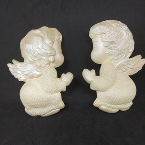 Vintage Ivory Angel Duo Chalkware Wall Plaques Miller Studios